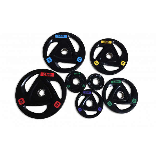 Диск для штанги Smith WP085-15 c 3-м хватом, обрезиненный, 15кг